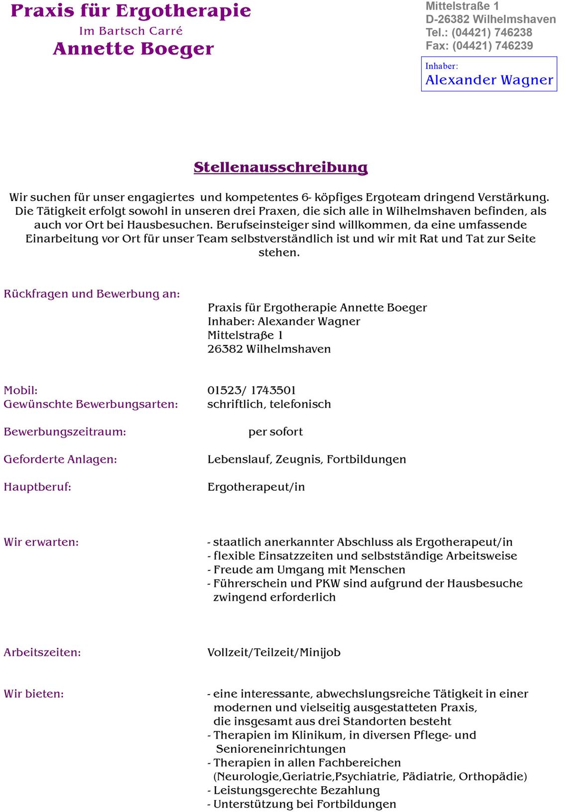 Praxis für Ergotherapie Annette Boeger Wilhelmshaven Stellenangebot